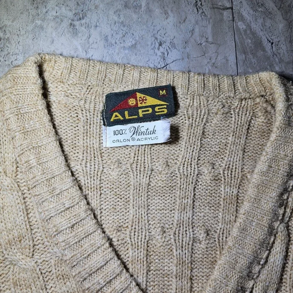 Vintage Alps Wintuk Orlon Sweater Womens Medium Pullover V Neck Beige Tan Brown - Picture 3 of 7